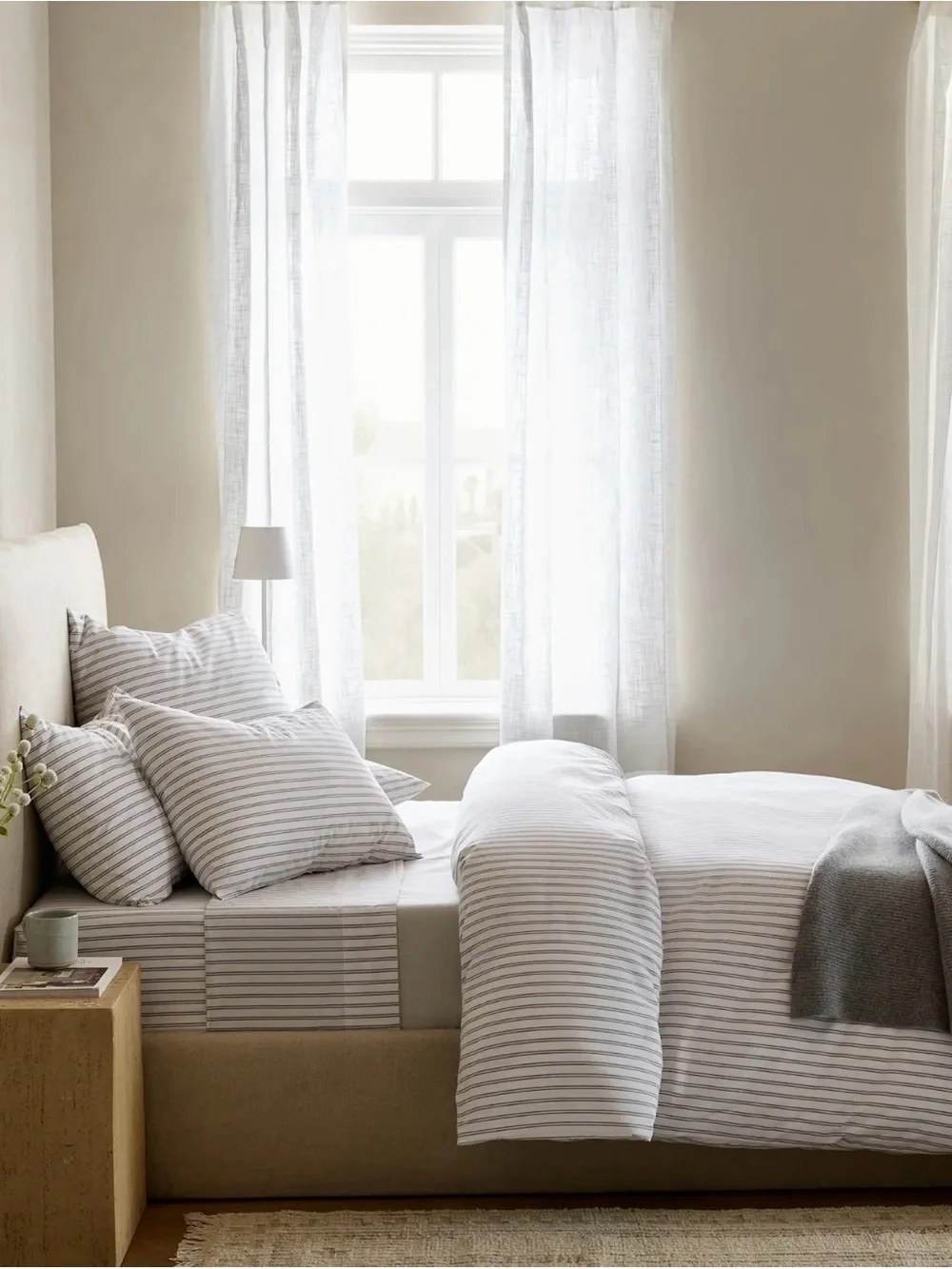 Quince Organic Crisp Percale Double Stripe Duvet Cover Set NAVY and WHITE NWOT